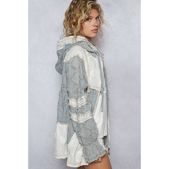 POL Patchwork Denim Hoodie | Zip Up Ruffle Tiered Boho Jacket - Picture 9 of 11